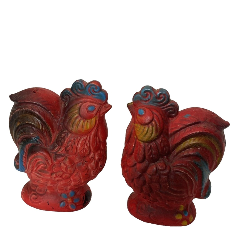 Vintage Chicken Rooster Salt Pepper Shakers Japan Chalk Ware Red Orange Blue